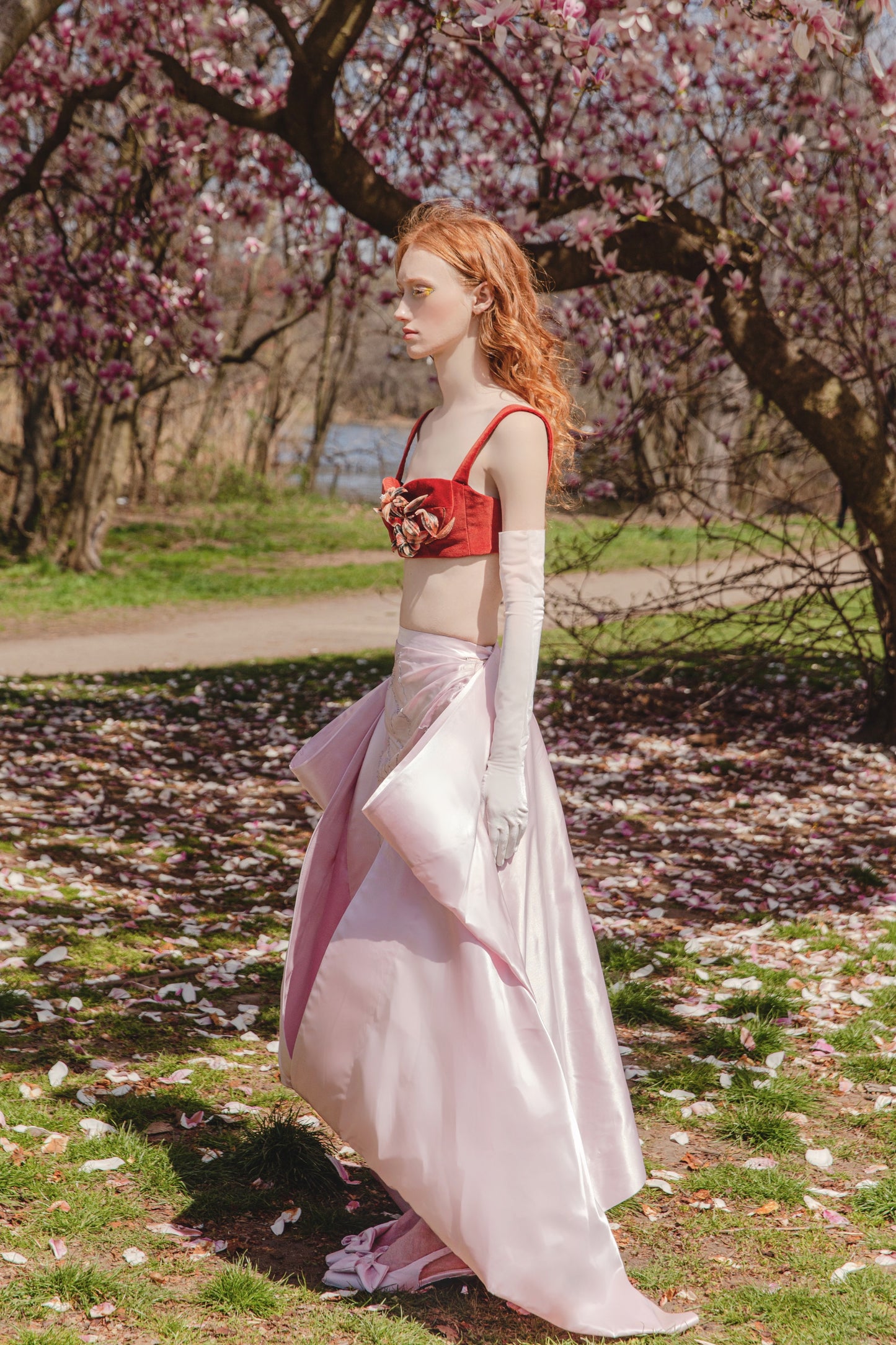 Red Velvet Flower Underwire Bustier & Asymmetric Gathered Skirt & Detachable Train Belt