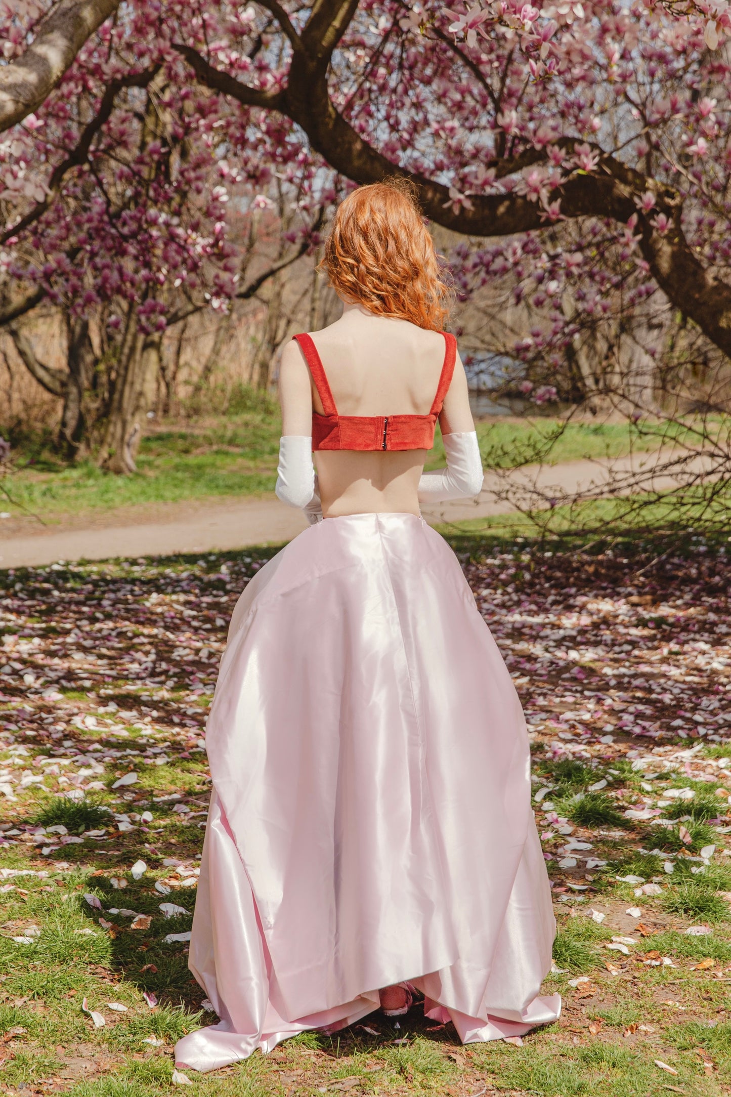 Red Velvet Flower Underwire Bustier & Asymmetric Gathered Skirt & Detachable Train Belt