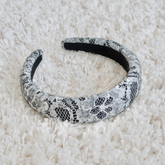 Floral Black and White Lace Hairband Made with Luxury Fabric